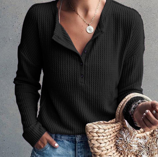 Damen Langarmhemd mit strukturiertem Waffelmuster und modischen Knopfdetails R&B