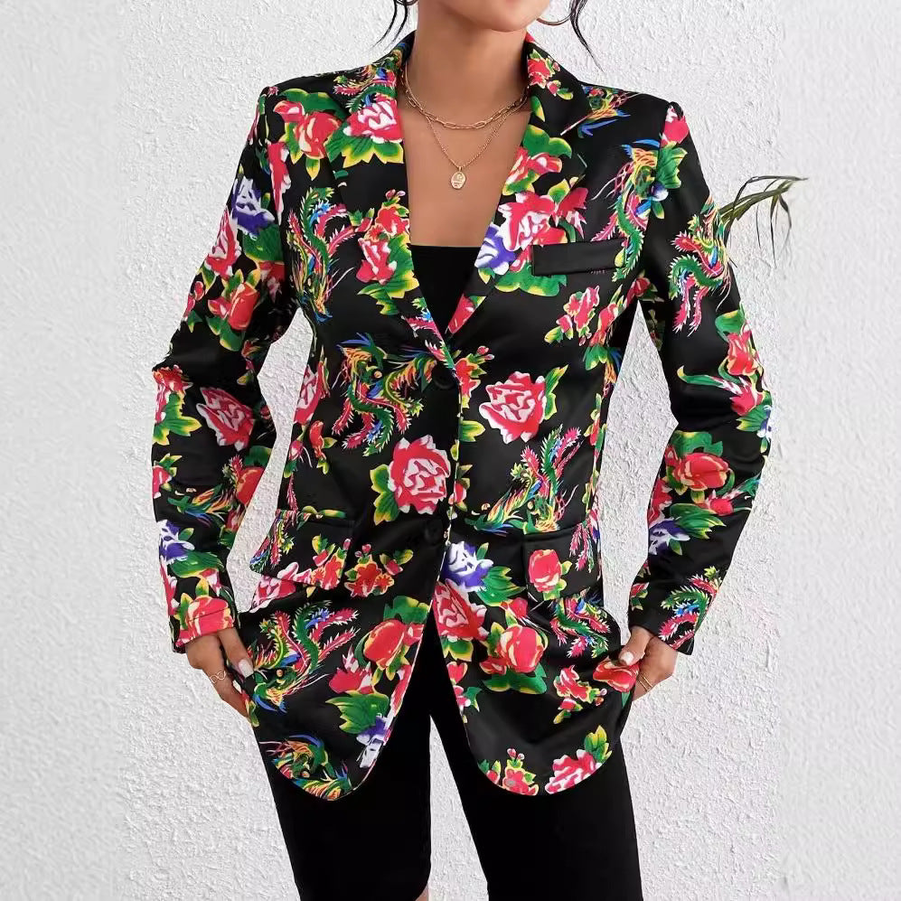 R&B | Blazer Slim Passform Maßgeschneiderter Schnitt Blumenmuster Weicher Glänzender Stoff