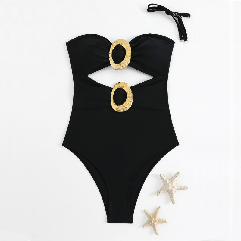 Damen Einteiliger Badeanzug mit modernen Cut-Outs und goldenen Akzenten R&B