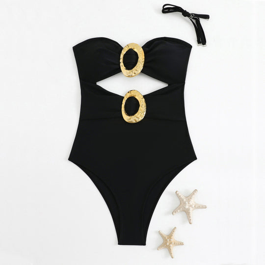 Damen Einteiliger Badeanzug mit modernen Cut-Outs und goldenen Akzenten R&B