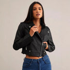 Damen modische Bikerjacke aus Kunstleder mit stilvollem Reißverschluss R&B