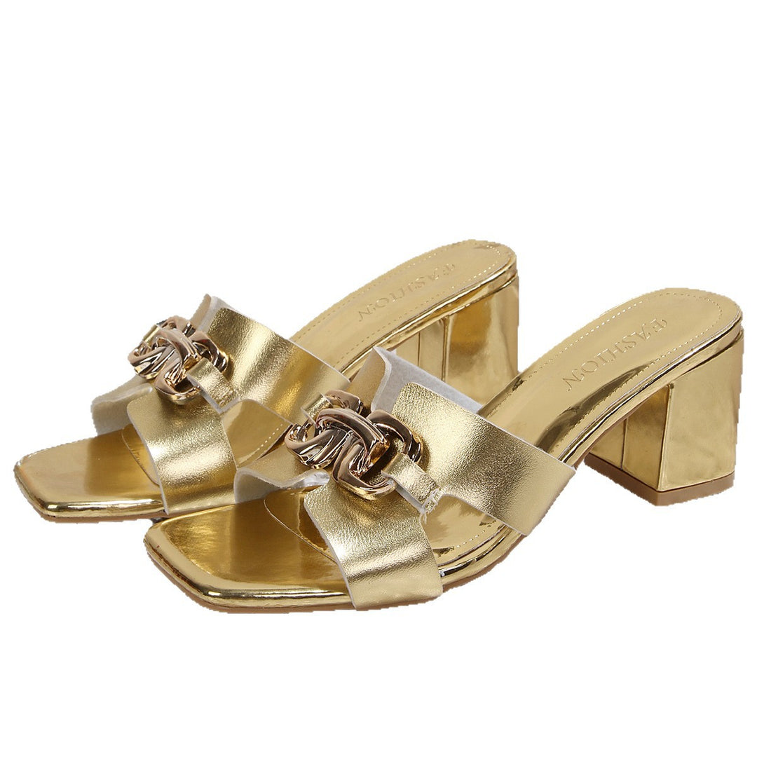 Damen Glamouröse Sandalen mit glänzenden Metall-Details und blockförmigem Absatz R&B