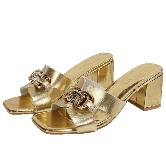 Damen Glamouröse Sandalen mit glänzenden Metall-Details und blockförmigem Absatz R&B