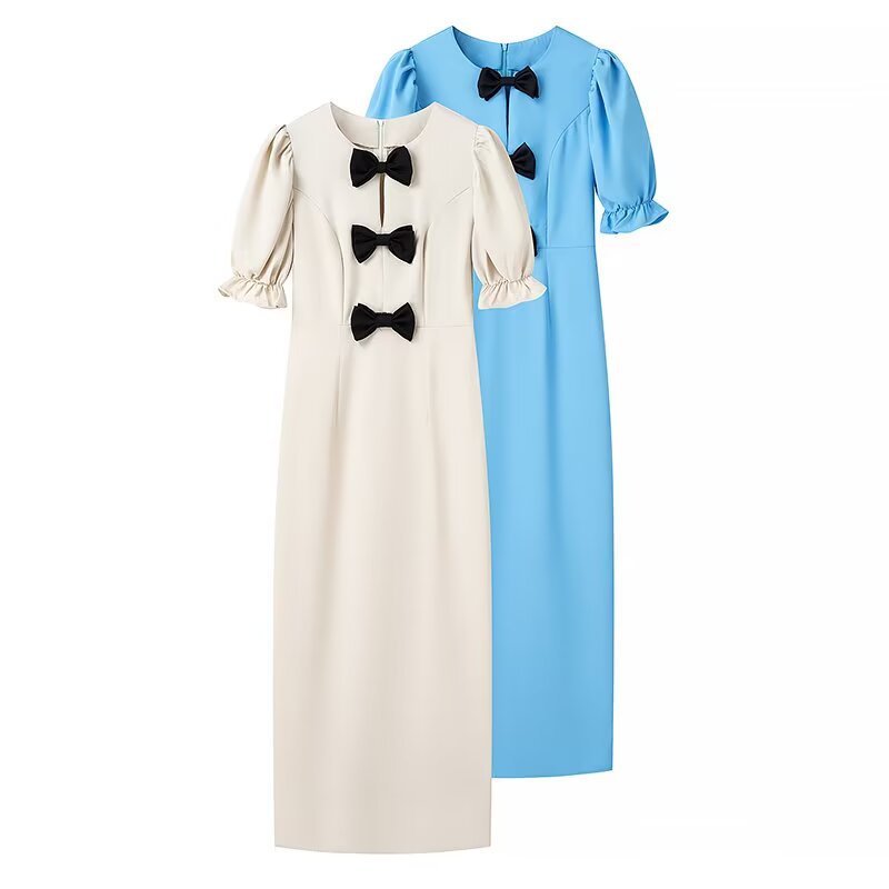 Damen Elegantes Maxikleid mit einzigartigem Schleifendetail und ballonärmeliger Gestaltung R&B