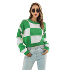 Damen Oversized Strickpullover mit modernen Karomuster und hohem Kragen R&B
