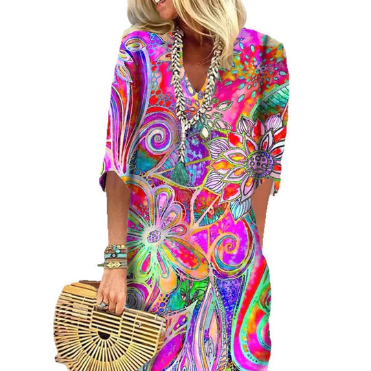 Damen nan leichtes Boho-Kaftankleid mit V-Ausschnitt, lockerer Silhouette und dreiviertelärmeln R&B