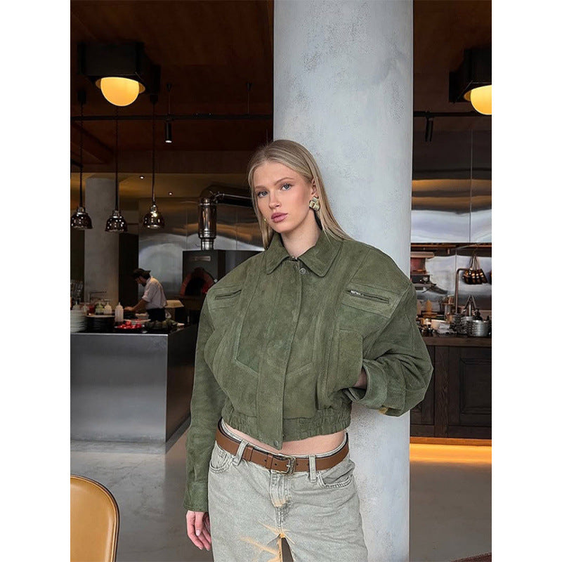 Damen Modische Wildlederjacke mit cropped Schnitt R&B