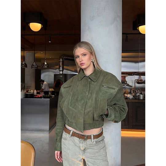 Damen Modische Wildlederjacke mit cropped Schnitt R&B