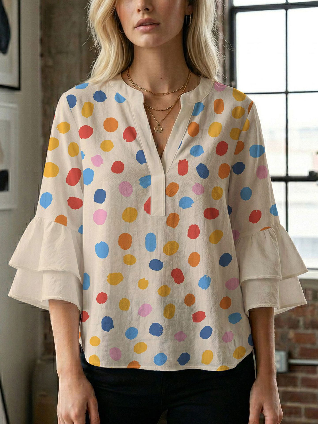 Damen Blusenshirt mit voluminösen Ärmeln und kreativem Druckdesign R&B