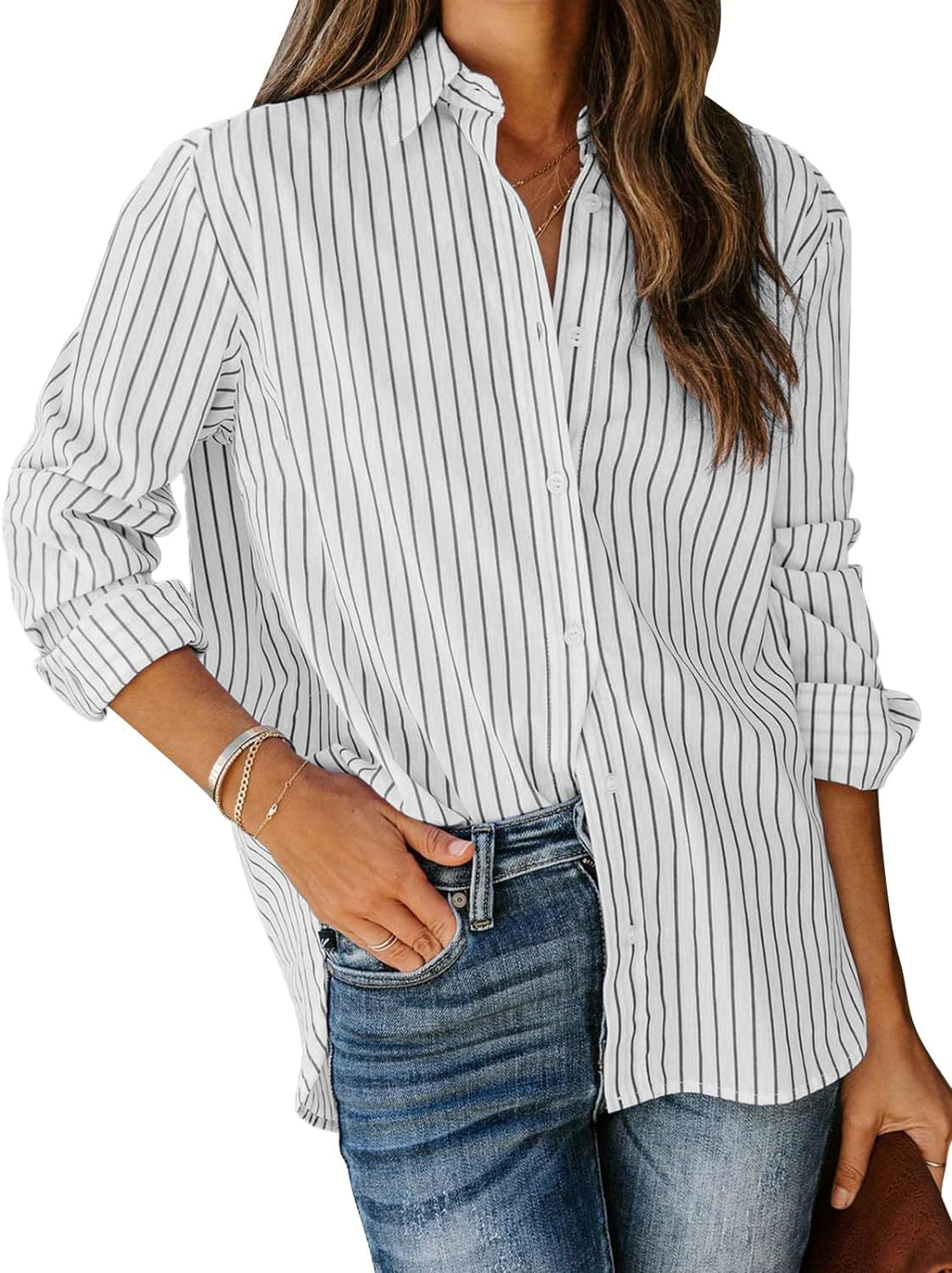 Damen gestreifte Bluse mit klassischem Kragen und lässigem Schnitt R&B