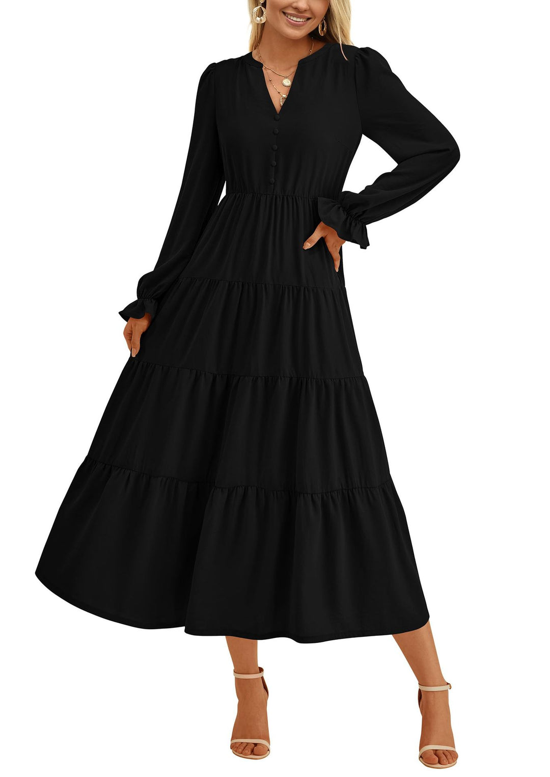 Damen Maxikleid mit romantischen Rüschendetails und elegantem V-Ausschnitt R&B
