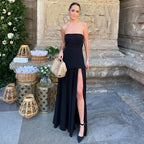 Damen Strapless Maxikleid mit hohem Schlitz und eleganter Choker-Ausschnitt R&B