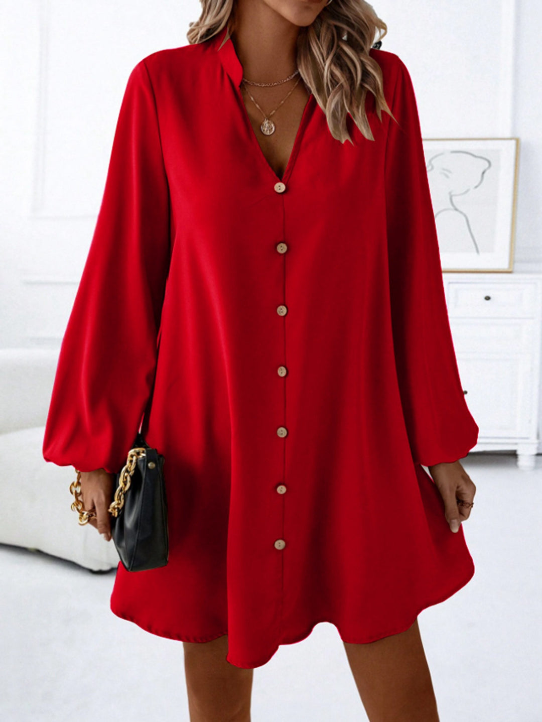 Damen kurzes Kleid mit Knopfleiste und eleganten Puffärmeln R&B