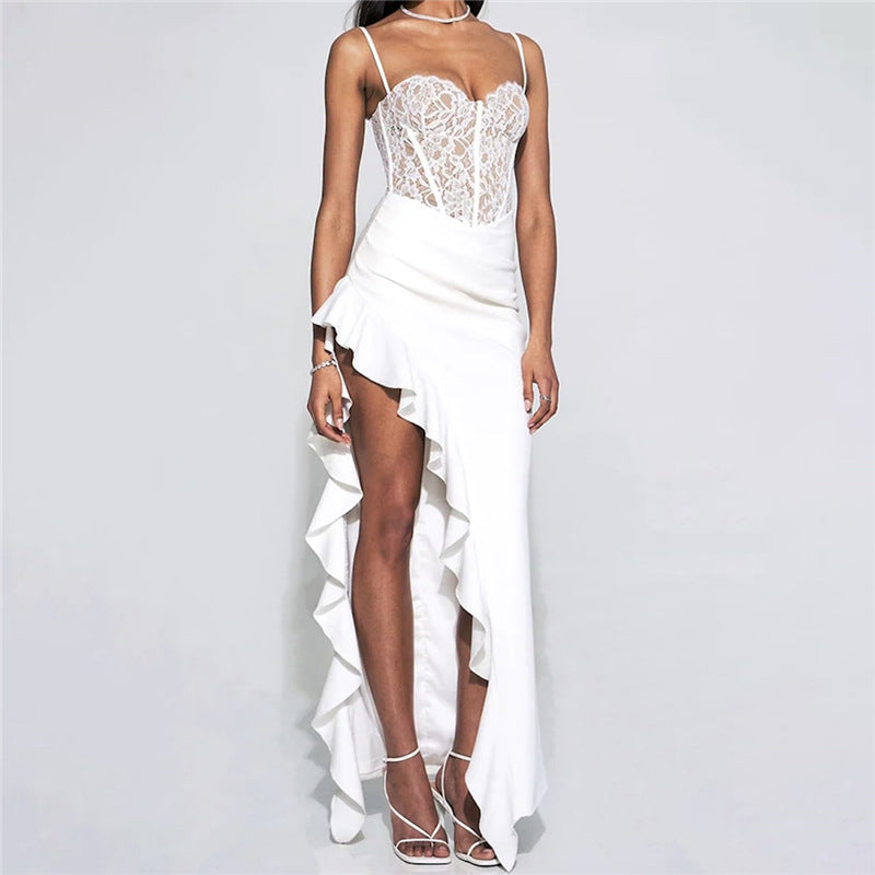 Damen Brautkleid mit Spitzenoberteil und asymmetrischen Rüschen R&B
