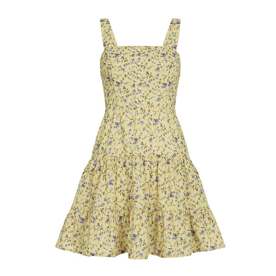 Damen Blumiges A-Linien Sommerkleid mit Rüschensaum und Spaghettiträgern R&B