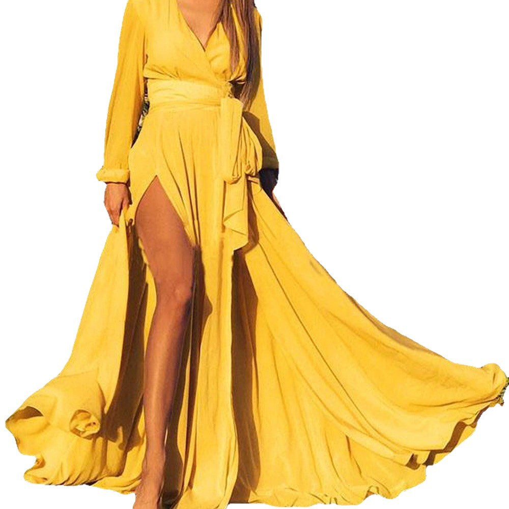 Damen Maxikleid mit tiefem V-Ausschnitt und elegante Seitenöffnung R&B