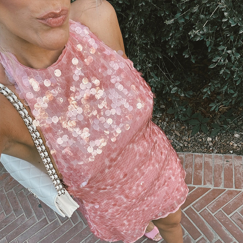 Damen Glamouröses Pailletten-Minikleid mit haltem Ausschnitt R&B