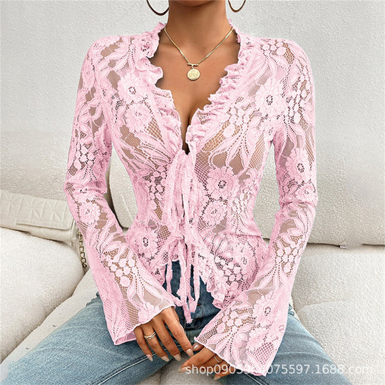 Damen Spitzenbluse mit Rüschen R&B