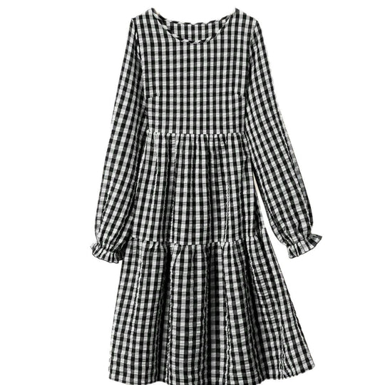 Damen Karomuster Maxikleid mit langem Arm und Rüschendetail R&B