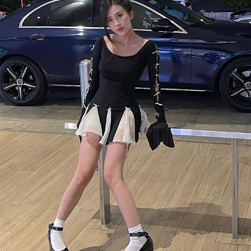 Damen Skaterkleid mit kontrastierenden Rüschendetails und lange Ärmel R&B