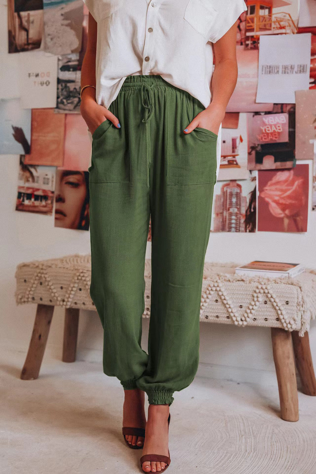 Damen Bequeme und legere Hose mit elastischem Bund und vielseitigen Taschen R&B