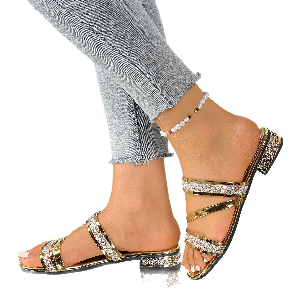 Damen Glamouröse Flachsandalen mit funkelnden Kristallriemen und eleganter Sohle R&B
