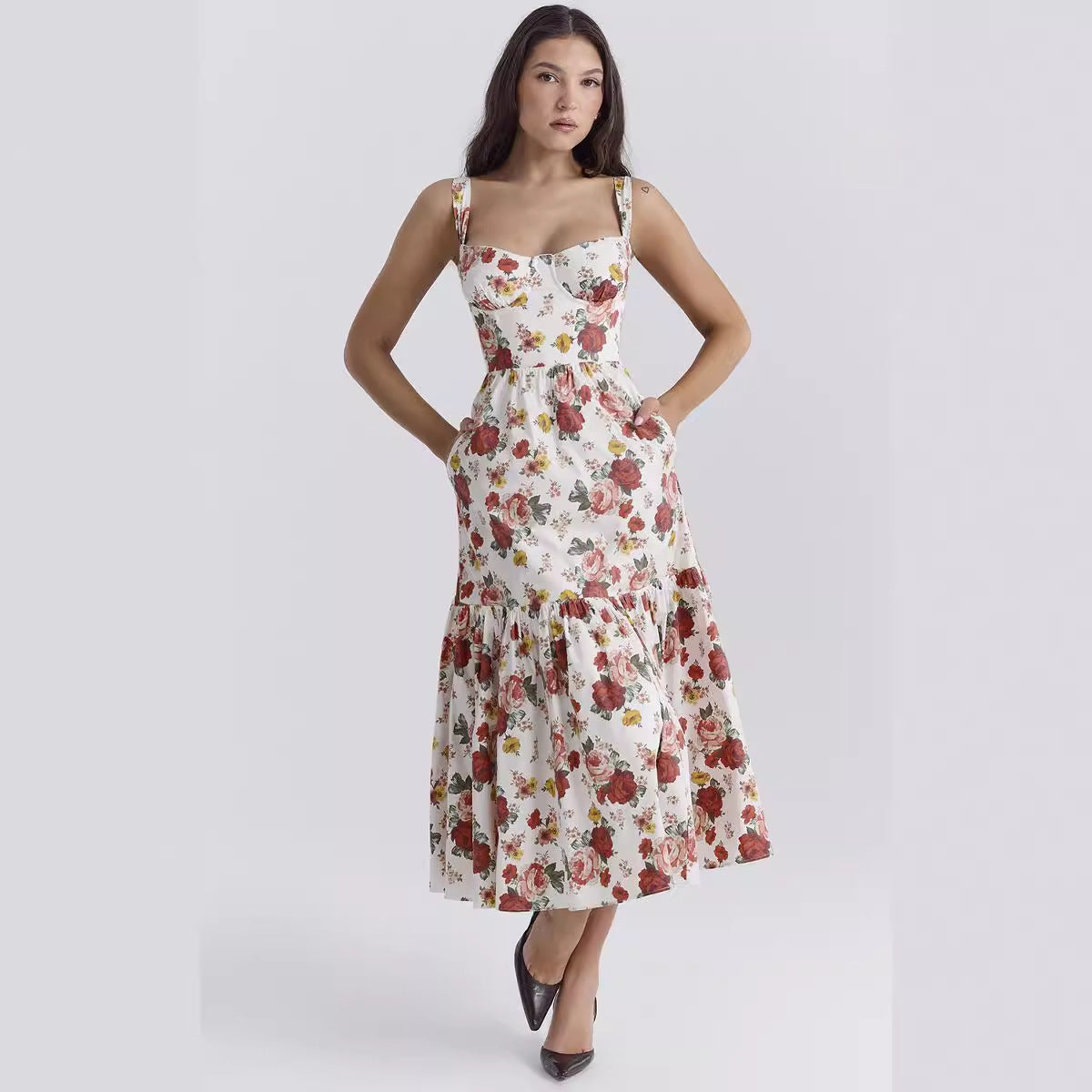 Damen Floral Maxikleid mit schulterfreiem Design und voluminösem Rock R&B
