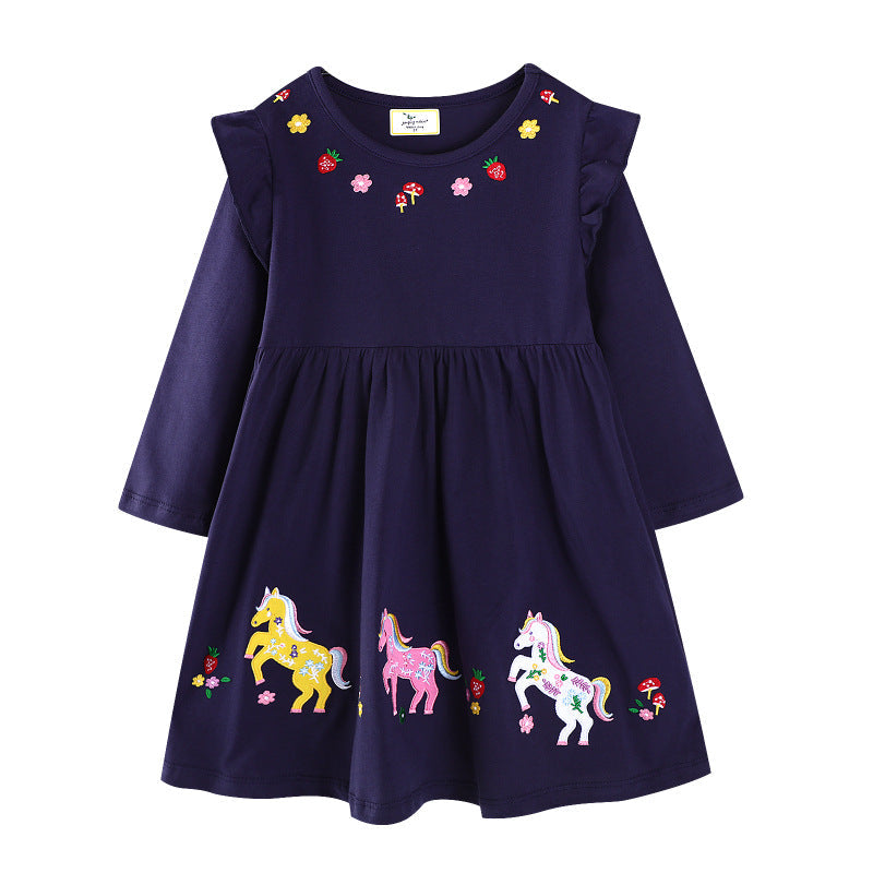 Mädchen Freizeitkleid mit buntem Einhorn-Design und floralen Applikationen R&B