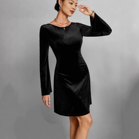 Damen Elegantes und samtiges Midikleid mit langen Ärmeln R&B