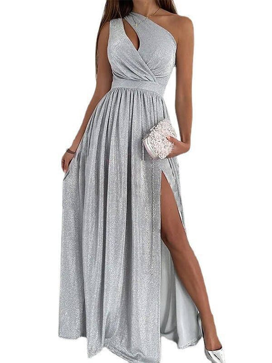Damen elegantes Abendkleid mit asymmetrischem Ausschnitt und Seitenschlitz R&B