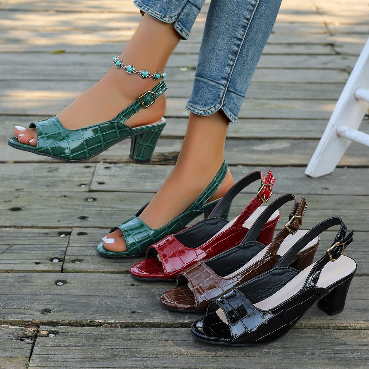 Damen Elegante Sling-Pumps mit modischem Krokodilleder-Design und komfortablem Blockabsatz R&B
