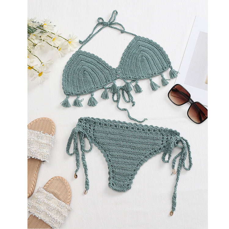 Damen Häkel-Bikini-Set mit fransigen Akzenten und verstellbaren Trägern R&B