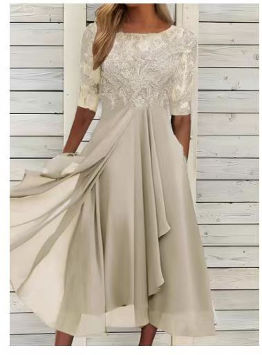 Damen Elegantes Midikleid mit Spitzenärmeln und schwingendem Rock R&B