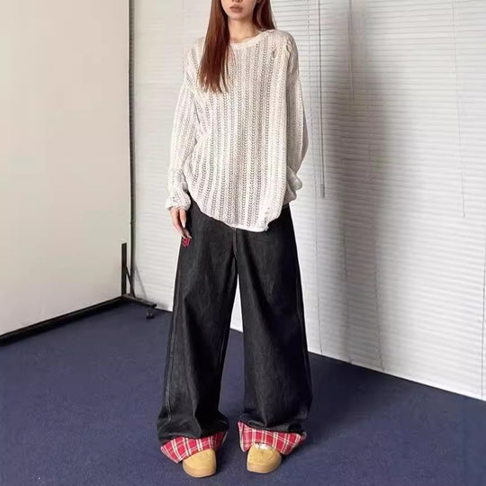 Damen weite Denim-Hose mit lässigem Schnitt und auffälligen Nähten R&B