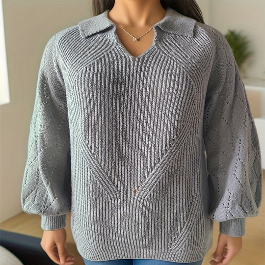 Damen Strickpullover mit V-Ausschnitt und Ballonärmeln R&B