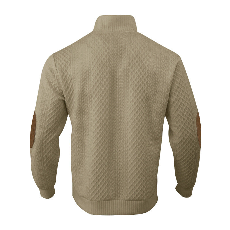 Herren nan Grobgestrickter Pullover mit Ellbogenpatches, Stehkragen und Knopfleiste R&B
