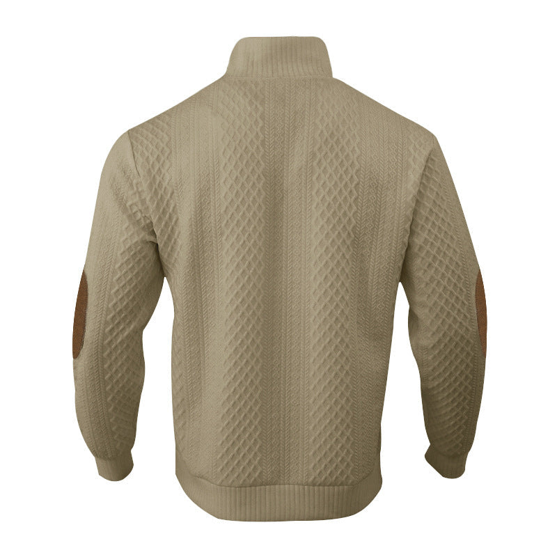 Herren nan Grobgestrickter Pullover mit Ellbogenpatches, Stehkragen und Knopfleiste R&B