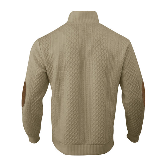 Herren nan Grobgestrickter Pullover mit Ellbogenpatches, Stehkragen und Knopfleiste R&B