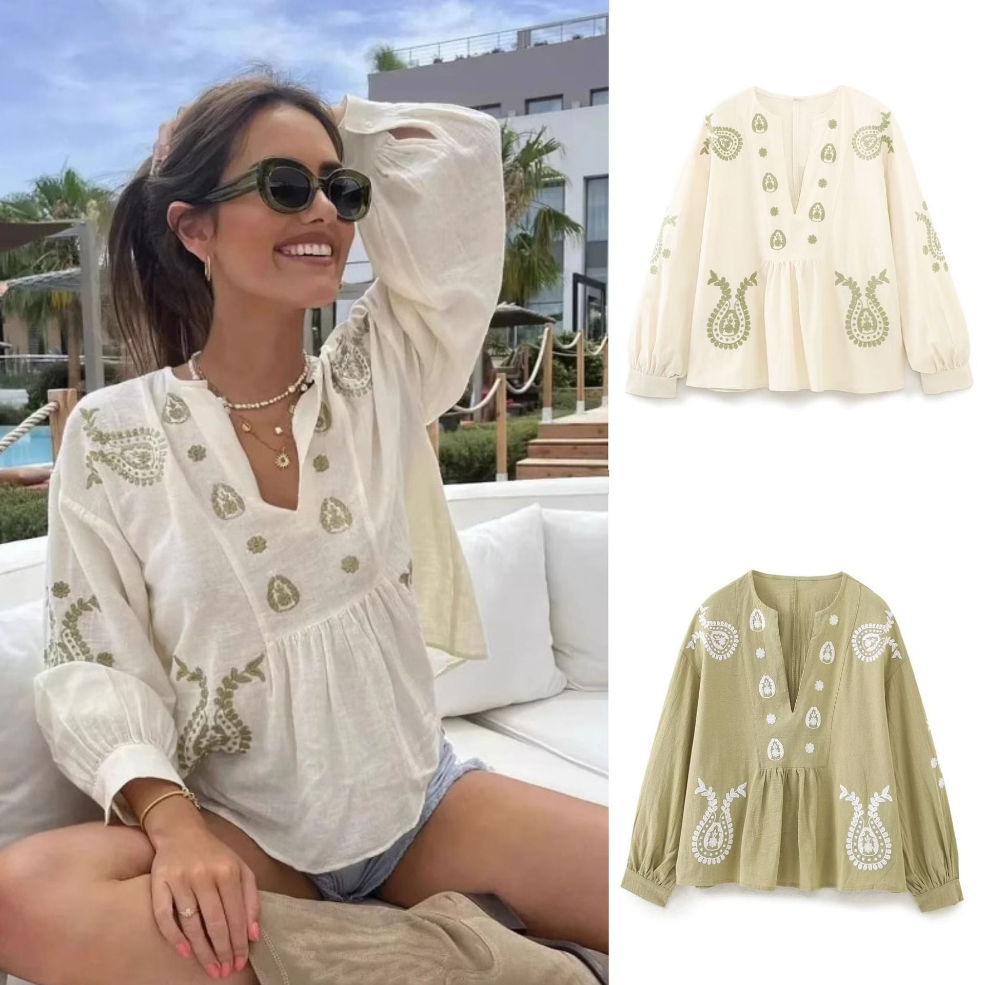 Damen nan bestickte Tunika-Bluse mit Paisley-Stickereien, V-Ausschnitt und voluminösen Ballonärmeln R&B