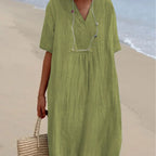 Damen lässiges Midi-Kleid mit V-Ausschnitt und bequemen Kurzärmeln R&B