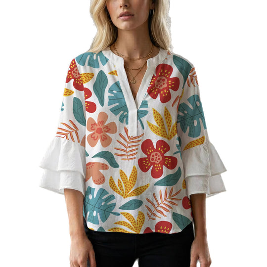 Damen Elegantes Oberteil mit voluminösen Rüchenärmeln und floralem Druck R&B