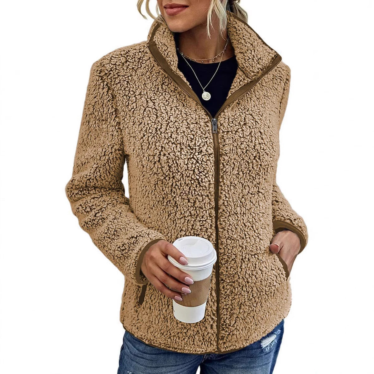 Damen Fleecejacke mit hohem Kragen und seitlichen Reißverschlusstaschen R&B