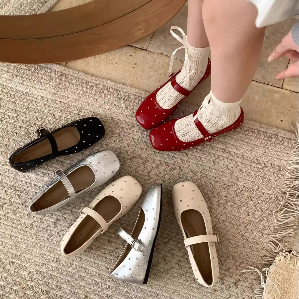 Damen elegante Ballerinas mit modischem Riemen und funkelnden Verzierungen R&B