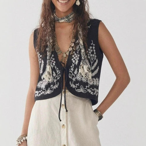 Damen elegante bestickte Weste mit offenem Schnitt und seitlichen Binde-Details R&B