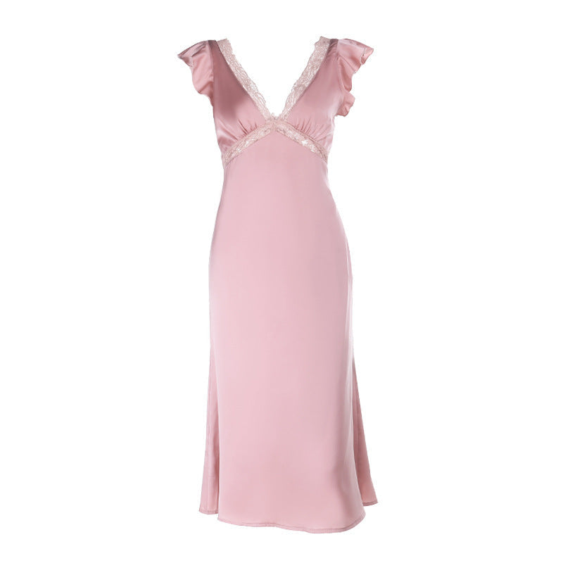 Damen Elegantes Maxikleid mit Spitzenverzierungen und tiefem V-Ausschnitt R&B