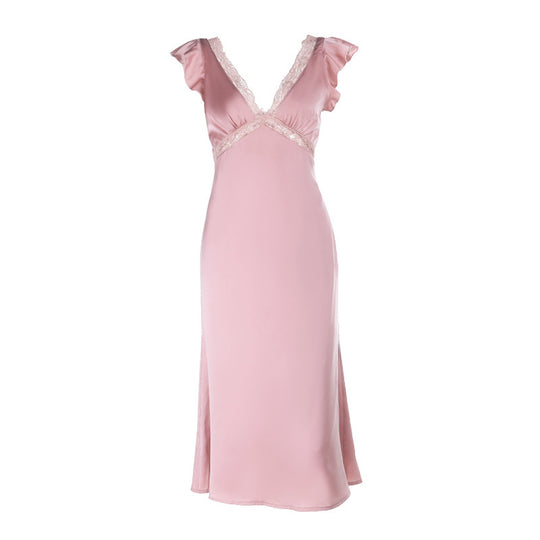 Damen Elegantes Maxikleid mit Spitzenverzierungen und tiefem V-Ausschnitt R&B