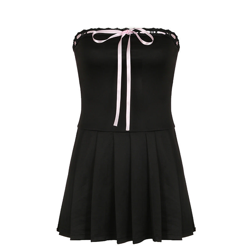 Damen Trägerkleid mit elegantem Spitzendetail und schwingendem Rock R&B