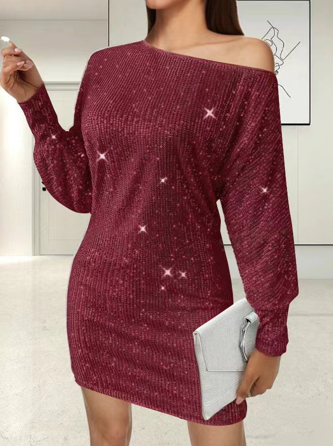 Damen Glamouröses Minikleid mit asymmetrischem Schulterdesign und Funkeleffekten R&B