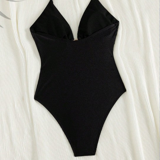 Damen Eleganter Einteiler Badeanzug mit tiefem V-Ausschnitt und glänzender Verzierung R&B