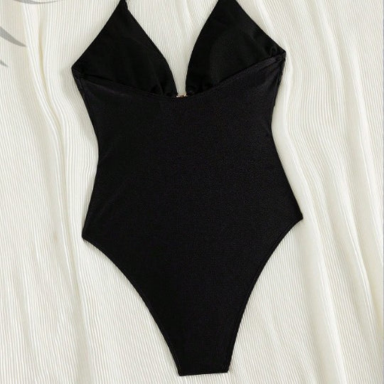 Damen Eleganter Einteiler Badeanzug mit tiefem V-Ausschnitt und glänzender Verzierung R&B